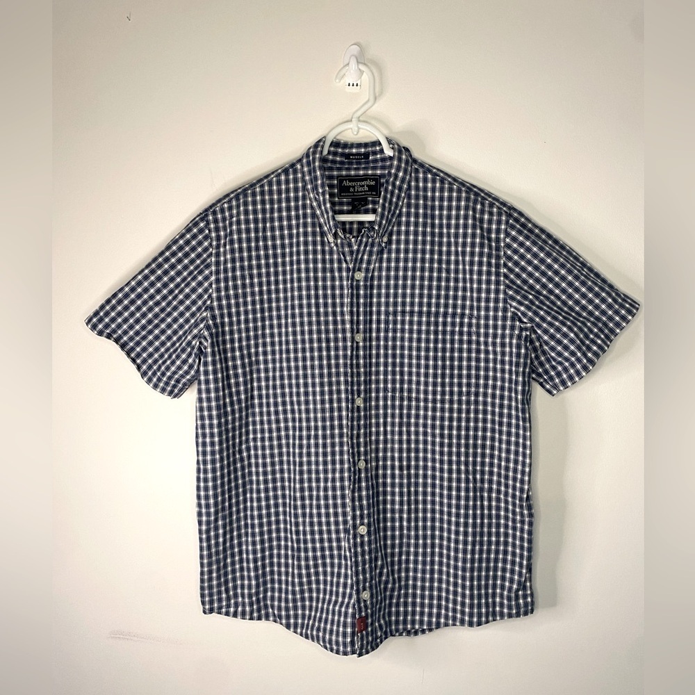 Men's Abercrombie and Fitch Blue Plaid Short Sleeve Button Up Muscle Shirt Large